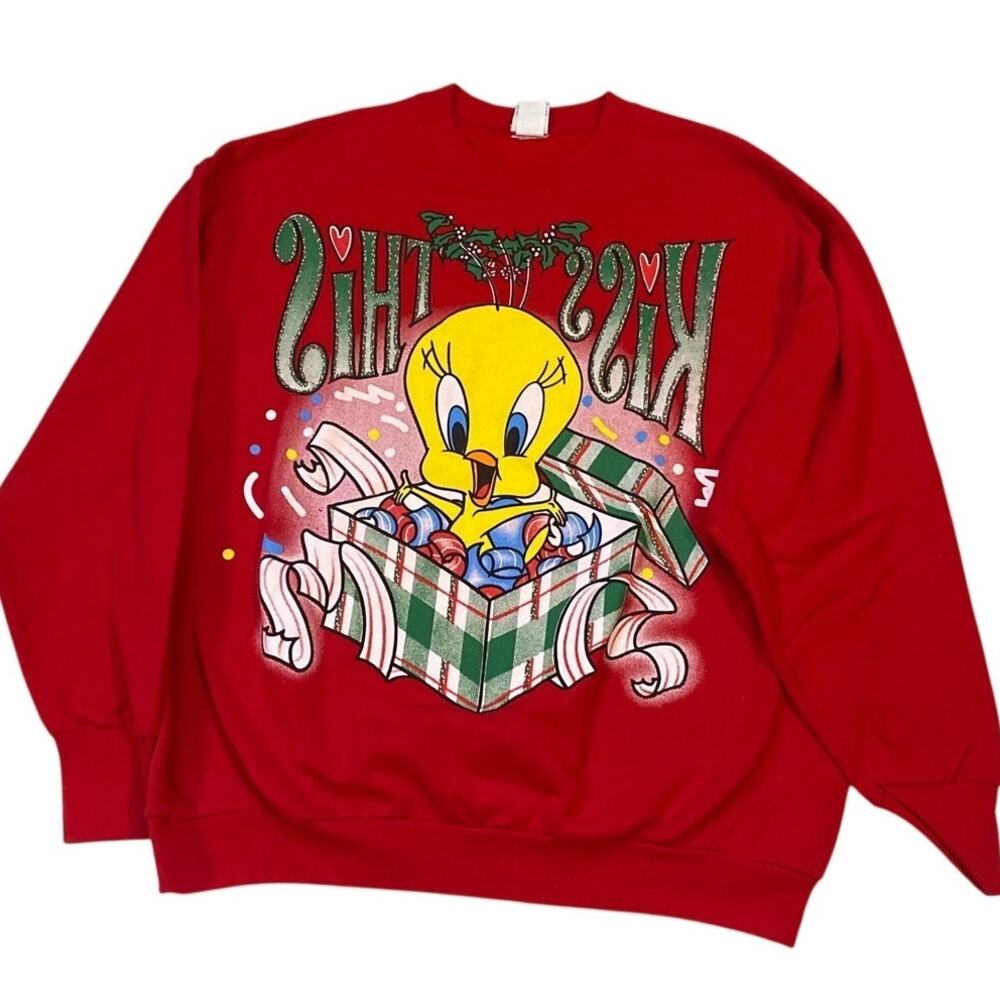 Vtg 1997 Looney Tunes Tweety Bird Kiss This Christmas Sweatshirt Red USA 18/20W